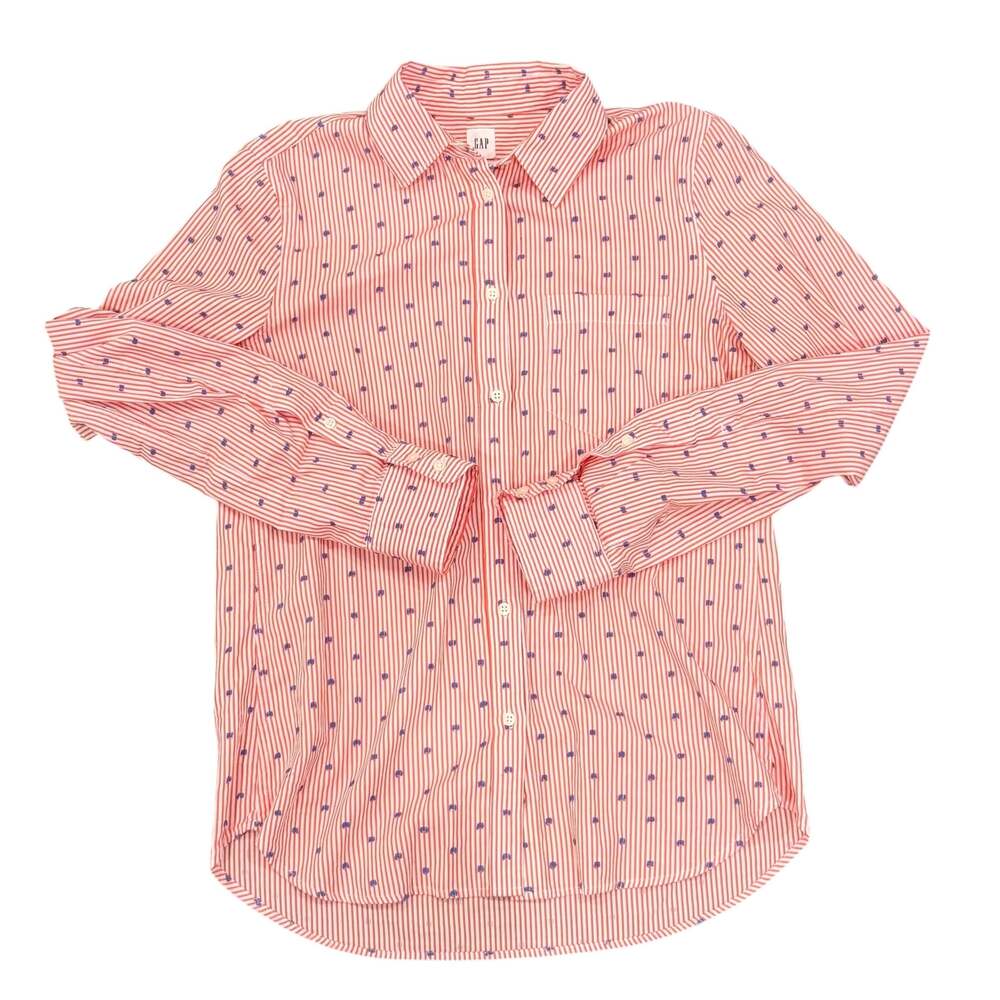 Women’s Gap Fitted Boyfriend Shirt Red Striped Embroidered Blue Micro Dots Size